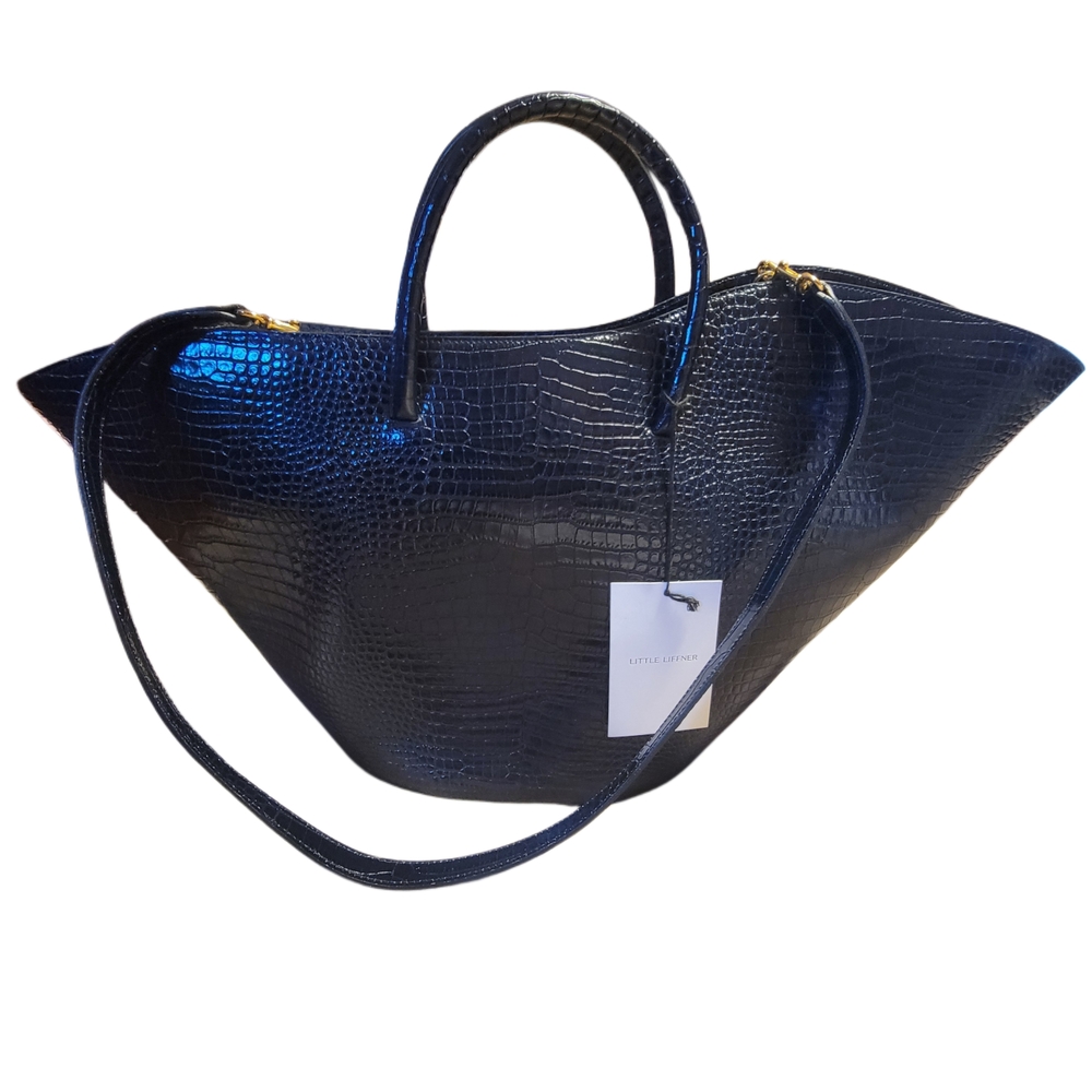 Little Liffner Open Tulip Large Tote Navy Blue Croc Embossed